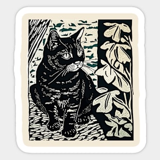 Woodblock print style illustration of black cat Sticker